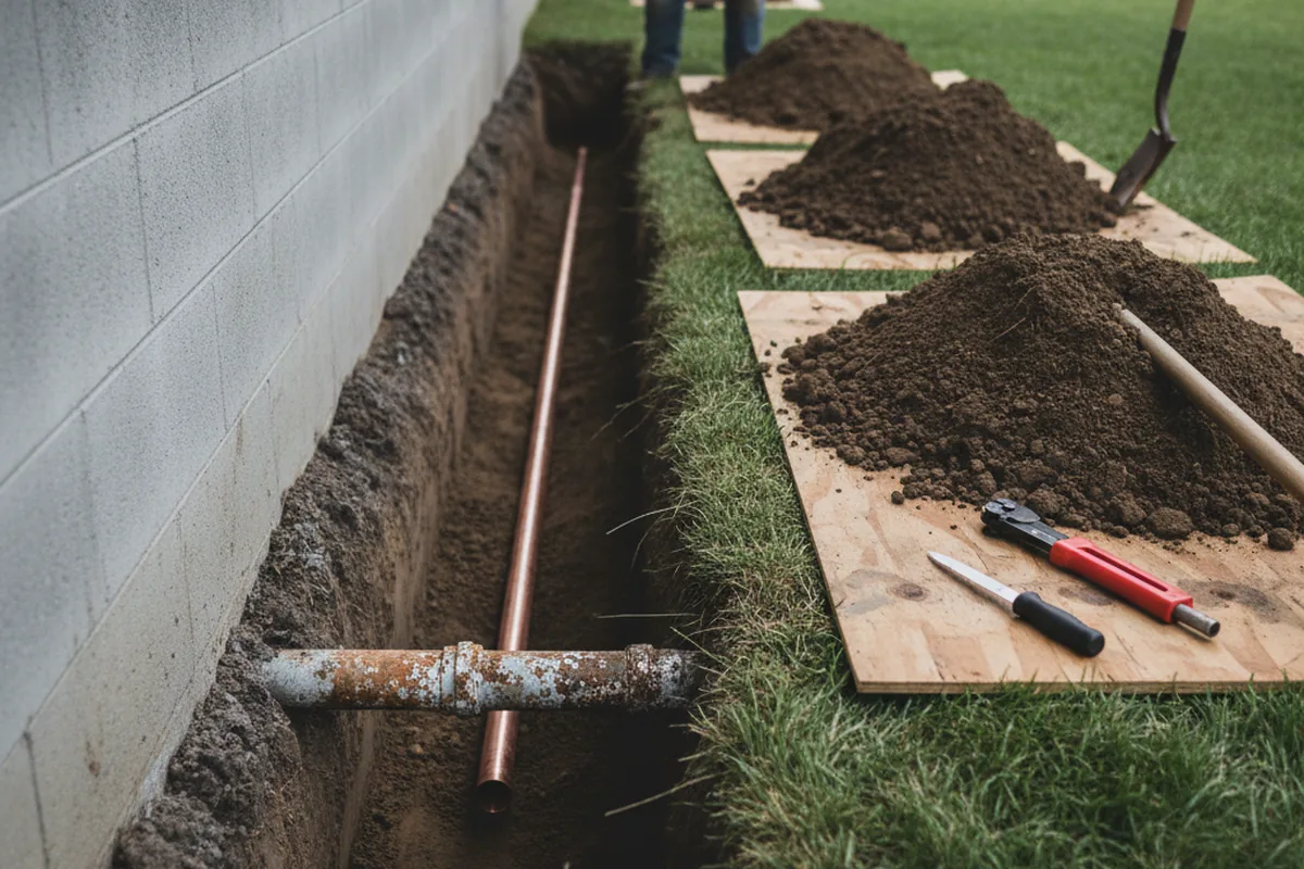 Excavated water line trench during Sewer Line Repair in Melvin Village